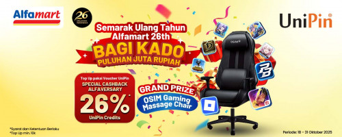 Semarak Ulang Tahun Alfamart 26th bareng UniPin, Bagi Kado Puluhan Juta Rupiah hingga Kursi Gaming!